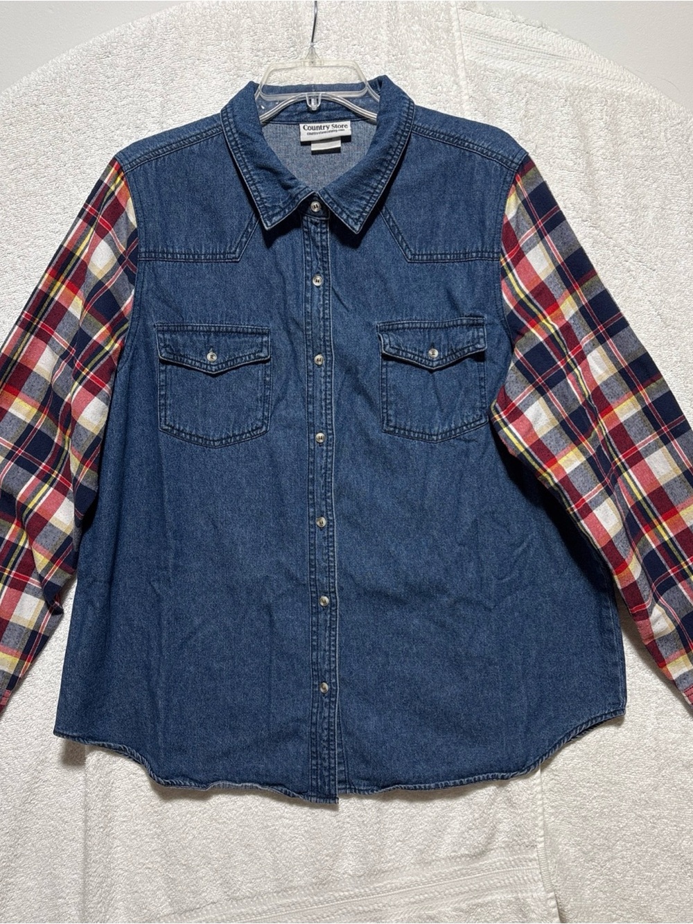 Country Store Women’s XL Denim Button-Down Shirt Plaid Sleeves Western
